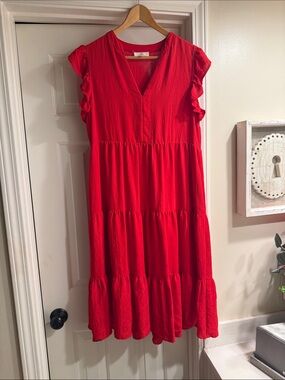 Red Tiered Entro V-Neck Ruffle Sleeve Dress